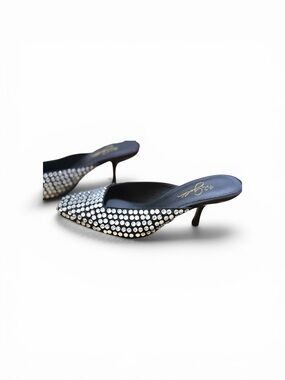 Crystal-Embellished Black Slip-On Mules